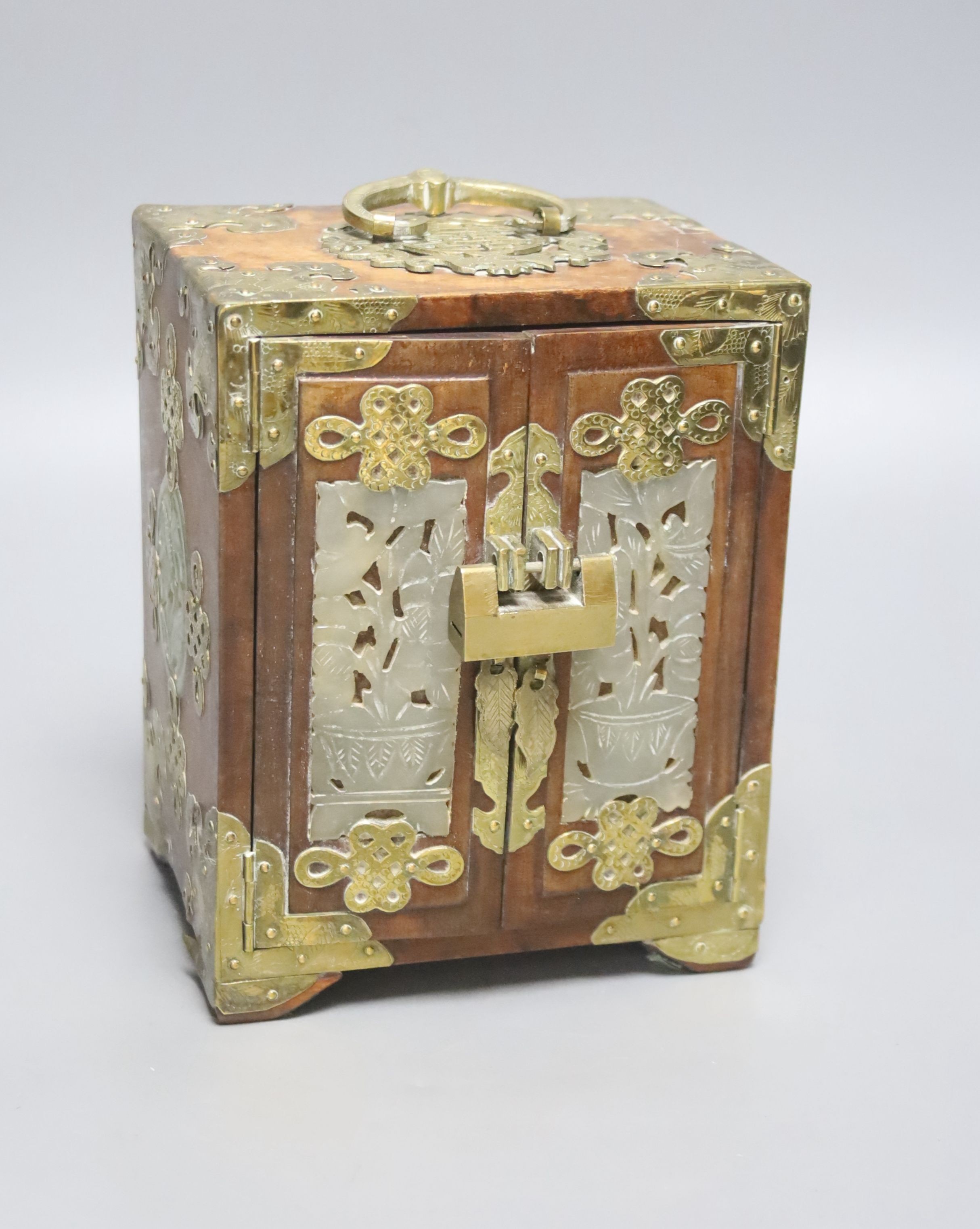 A Chinese chest with carved jade panels and brass mounting, 18 x 14cm